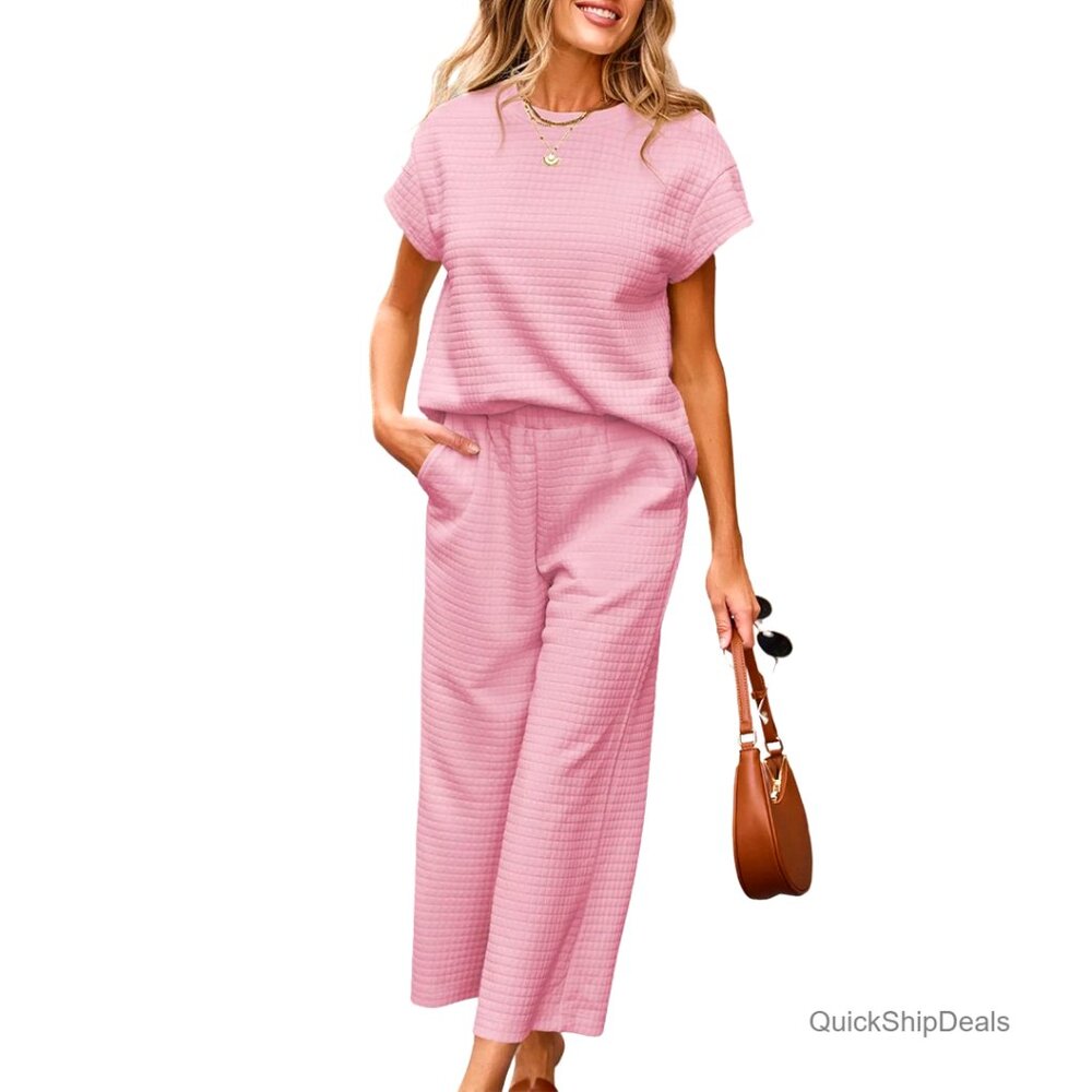 Waffle Knit Sweatsuit Set with Wide Leg Pants and Pullover Top